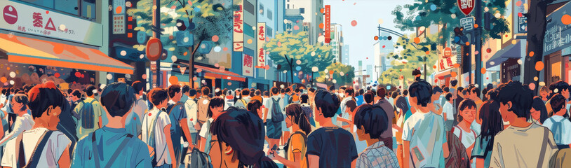Obraz premium A bustling street scene in Tokyo, Japan, showcasing the energy and diversity of the city. The image captures the vibrancy of the city with people walking on the street, shops on either side, and the b