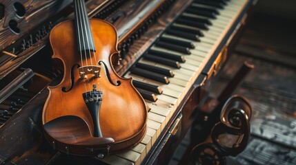 Naklejka premium A close-up shot of a violin resting on the keys of an old piano, symbolizing music, harmony, creativity, passion, and the beauty of instruments.
