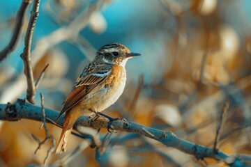 A small bird sitting on a branch of a tree, possibly looking for food or singing