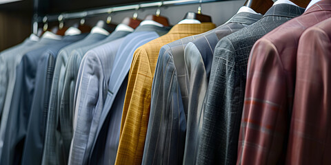 Obraz premium Row of mens business suits displayed neatly showcasing professional office attire. Concept Professional Attire Display, Men's Business Suits, Office Wear Showcase, Neatly Arranged Outfits