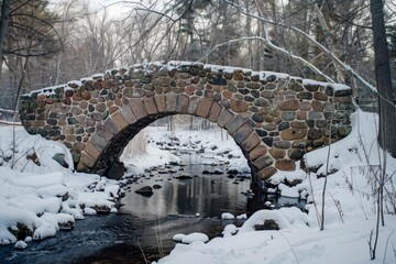 Snow covered stone bridge is spanning over a small creek in a winter forest