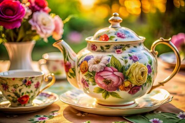 Intricately decorated vintage teapot with whimsical watercolor floral accents takes center stage on a table, evoking a charming atmosphere for an intimate afternoon tea gathering.