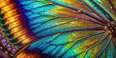Vibrant iridescent scales on a butterfly wing are magnified to reveal intricate networks of microscopic ridges, veins, and shimmering colors in stunning ultra-realistic detail.