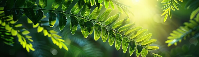 Sunlight filtering through rainforest plant leaves, natural green leaf close-up