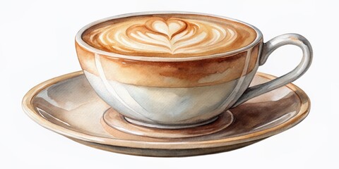 A delicate watercolor illustration of a latte coffee cup on a transparent background, perfect for overlaying on any design or digital project.