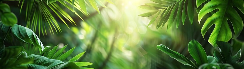 Sunlight filtering through rainforest plant leaves, natural green leaf close-up