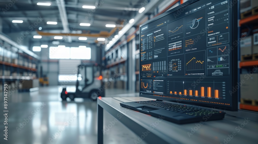 Poster logistics software displayed in modern warehouse. close-up of a computer monitor showing logistics s