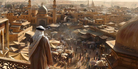 Fototapeta premium Muezzin's Call: A muezzin, clad in anflowing robe, perched high atop a minaret, overlooking a bustling Arab market.
