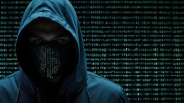 hacker with code, The screen flickers with lines of code as a hacker infiltrates a system, their face hidden behind a mask, security breach, warning of the impending cyber attack