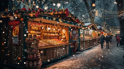Wooden booths offering souvenirs during Christmas market taking place each year on December.