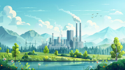 Illustration of an industrial plant in a lush, natural setting, highlighting the juxtaposition of industry and nature.