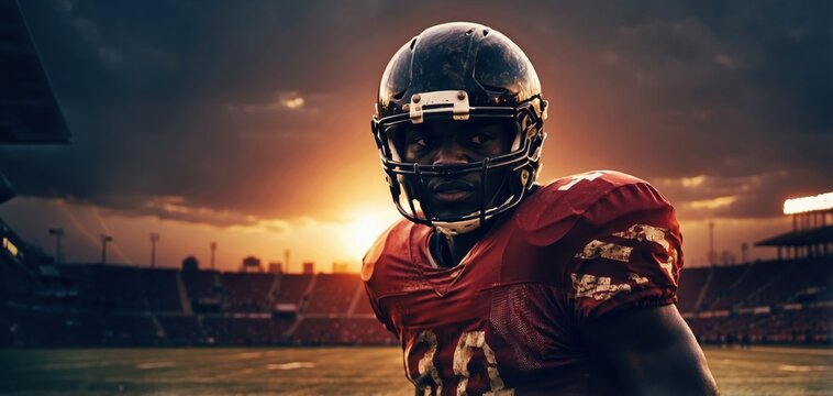 American football player silhouette with sunset over American football field