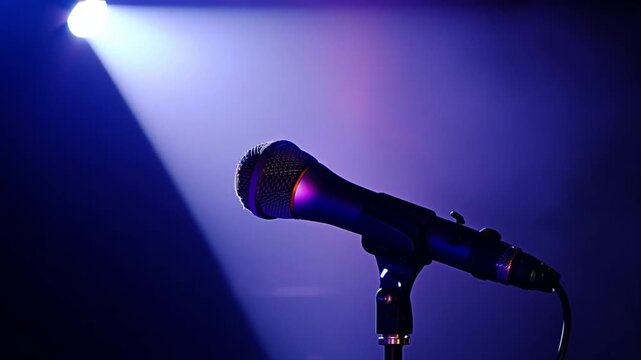 On a concert platform, a vintage vocal microphone is illuminated by pink and blue spot lights.