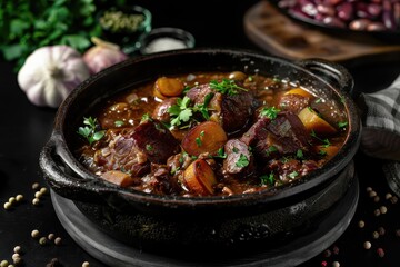Beef stew with vegetables in a black pot
