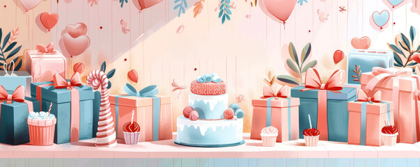 Vector illustration of a minimalist Happy Birthday scene. Simple, clean design with several elegant gift boxes and a small cake. Soft pastel colors and subtle background.