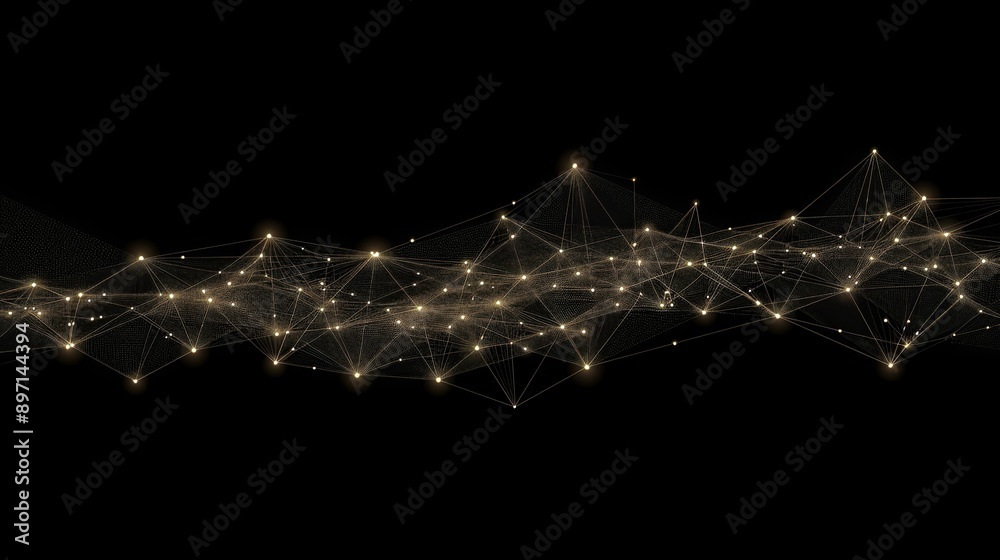 Wall mural complex geometric shape created by abstract network of dots and lines against a black backdrop