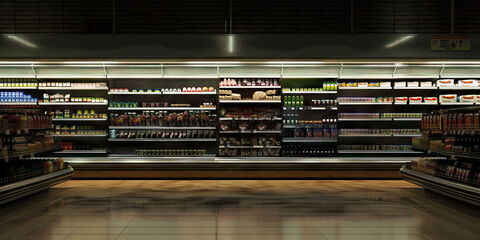 Obraz premium Empty shelves of a bare grocery store shelf displaying tags and messy products.