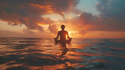 Fototapeta premium Calm ocean waves with a person practicing deep breathing, mental health, relaxation