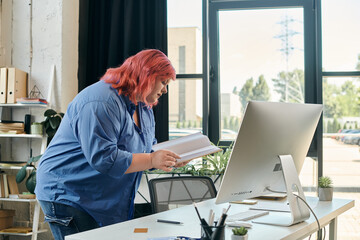 A plus size woman stands by her desk, engrossed in a book while a computer screen waits nearby.
