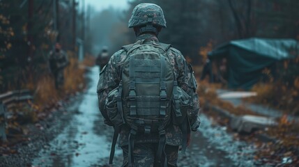 A soldier in full gear is walking down a wet, forested path perhaps during a training exercise or an operation, with a foggy backdrop and other soldiers visible in the background