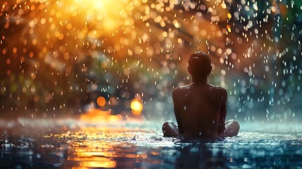 Obraz premium Gentle rain with a person enjoying quiet reflection, mental wellness, relaxation