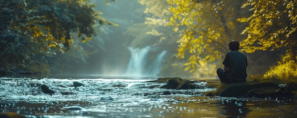 Obraz premium Gentle river with a person enjoying nature, mental health, relaxation