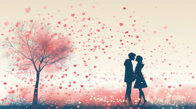 Romantic silhouette of a couple kissing under a tree with heart-shaped leaves blowing in the wind.