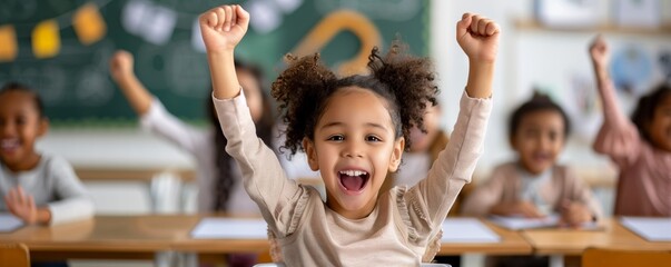 Fototapeta premium Schoolgirl in the classroom. Child at school. Happy child studying. Knowledge Day. Back to school. Education and training