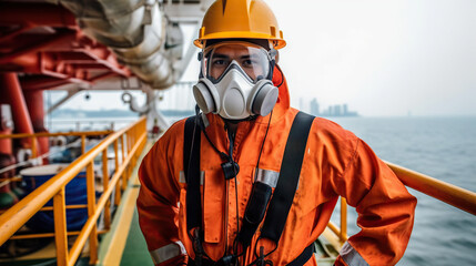 Ship crew member, equipped with a hardhat, respirator, and safety gear, stands on the deck, ensuring operational safety. The image emphasizes the stringent safety measures and protocols followed on