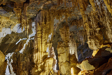 Natural stalactite and stalagmite in the cave at Phu Pha Petch cave in Thailand