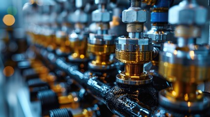 A close-up view of an industrial pipeline section showcasing intricately designed brass and steel valves used in manufacturing processes, with a shallow depth of field