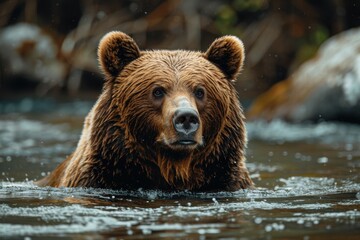Obraz premium A close-up of a brown bear standing in a river, showcasing detailed fur and a focused expression, surrounded by a natural habitat with blurred background elements