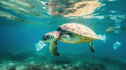 Fototapeta premium Sea turtle glides effortlessly through the crystal-clear waters of the ocean, surrounded by the unfortunate presence of plastic waste, creating a vivid depiction of the intersection between marine 