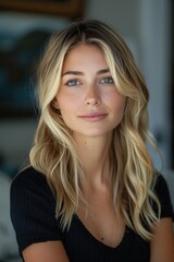 Fototapeta premium A portrait of a young woman with blonde hair and blue eyes, wearing a black shirt, in an indoor setting with a blurred background
