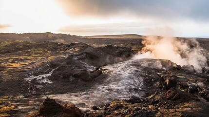 Fototapeta premium Dramatic volcanic landscape bathed in the warm glow of the sunset, with steam rising from the geothermal activity prevalent in the area, capturing the essence of the rugged, untamed beauty of volca