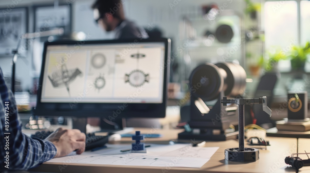 Poster Engineer working on technical design with digital tools in a modern office. Innovation and precision in engineering projects.