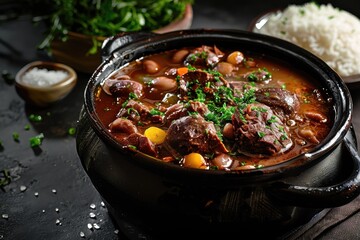 Closeup of Feijoada, a Brazilian Stew with Meat, Beans, and Parsley