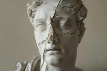 White marble bust of a man with cracks covering his face representing the deterioration of beauty over time