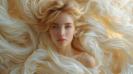 Fototapeta premium Stunning Feathered Dress in Minimalist Beige and White Fashion Shoot