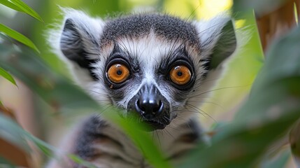 Close-up image of a ring-tailed lemur with vibrant orange eyes peering through lush green leaves in a natural setting, showcasing its distinctive facial markings and curious expression