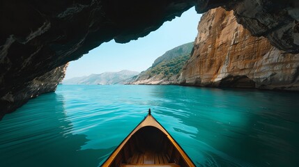 Fototapeta premium A tranquil view from a canoe entering a serene cave with crystal-clear water and stunning rock formations.