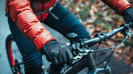 Fototapeta premium Close up of a person's hands on a motorcycle handlebar, wearing black gloves.
