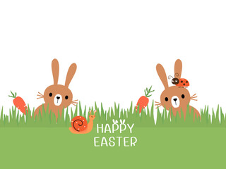 Happy Easter with brown bunny rabbit cartoons, snail, ladybird, carrot and hand written fonts on green grass background vector.
