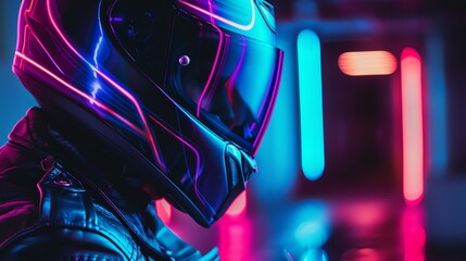 A person wearing a motorcycle helmet with neon lights.