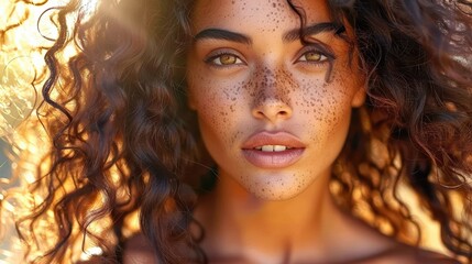 Obraz premium An ethereal portrait of a young woman with curly hair and freckles bathed in golden sunlight exuding natural beauty and captivating gaze