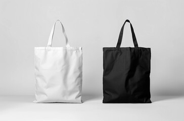 White and black tote bag mockup, isolated on light grey background