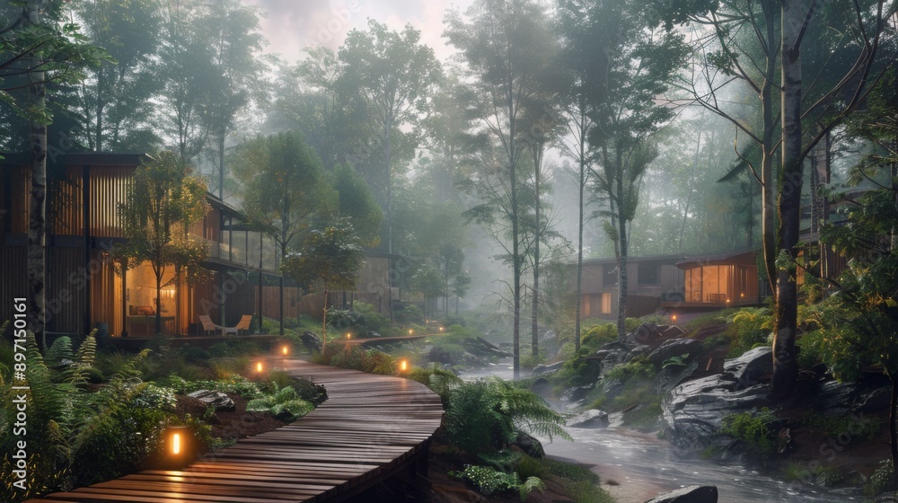 Aufkleber A winding wooden path leads through a misty forest with a small river running alongside. Luminous lanterns illuminate the path and provide a warm glow to the surrounding foliage and nearby cabins.