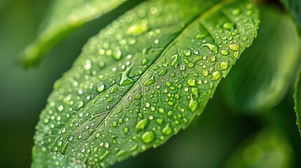 A close-up of a green leaf covered in water droplets.