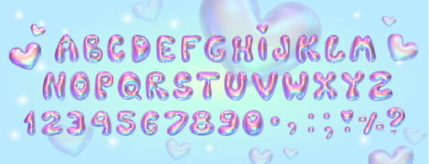 Shiny 3D bubble font in y2k style. Festive design with rainbow gradient and hearts. 3d render of the English alphabet with sparkles