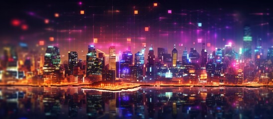 Fototapeta premium Futuristic Cityscape with Neon Lights and Digital Network